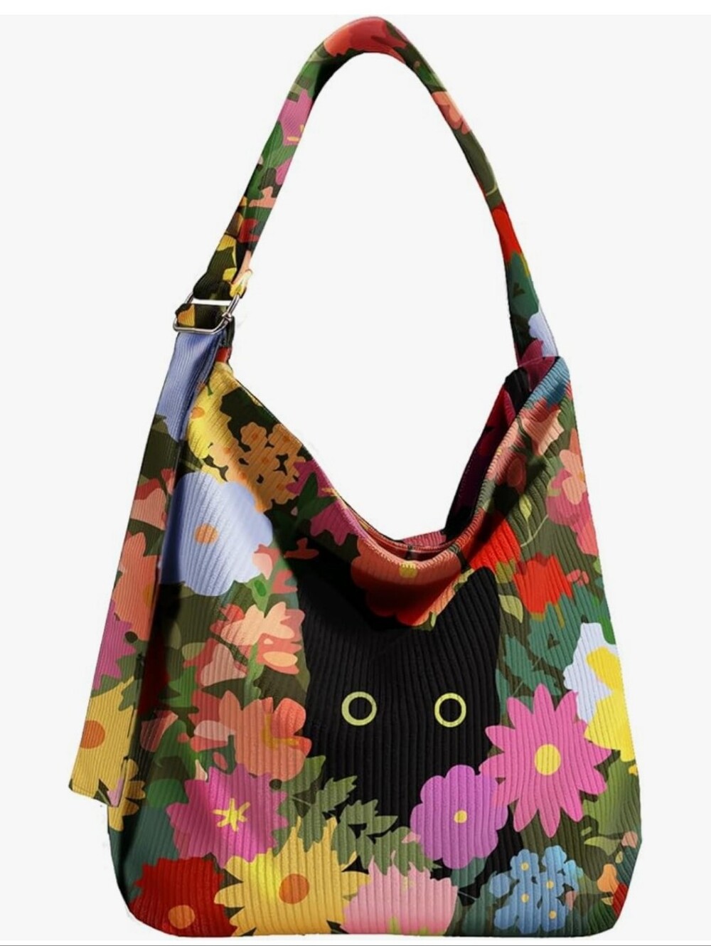 Floral Print Shoulder Hobo Bag with Cat Motif - Multi